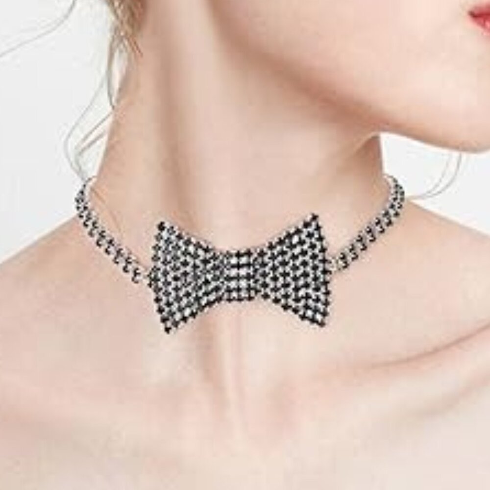 Rhinestone Choker  Necklace Silver Bow Tie with Black‎ Crystal Gems